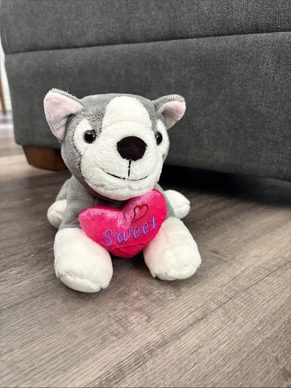 Gray & White Husky Plush Toy with Pink Heart - Sweet Embroidered
